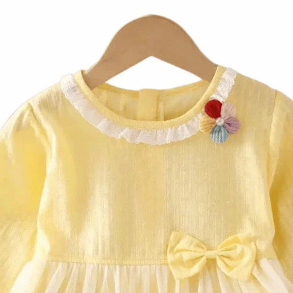 Yellow Dress, Girl Easter Sz 4T, Tulle Overlay, Long Sleeve, Eyelet Pearl Flower - Picture 3 of 8